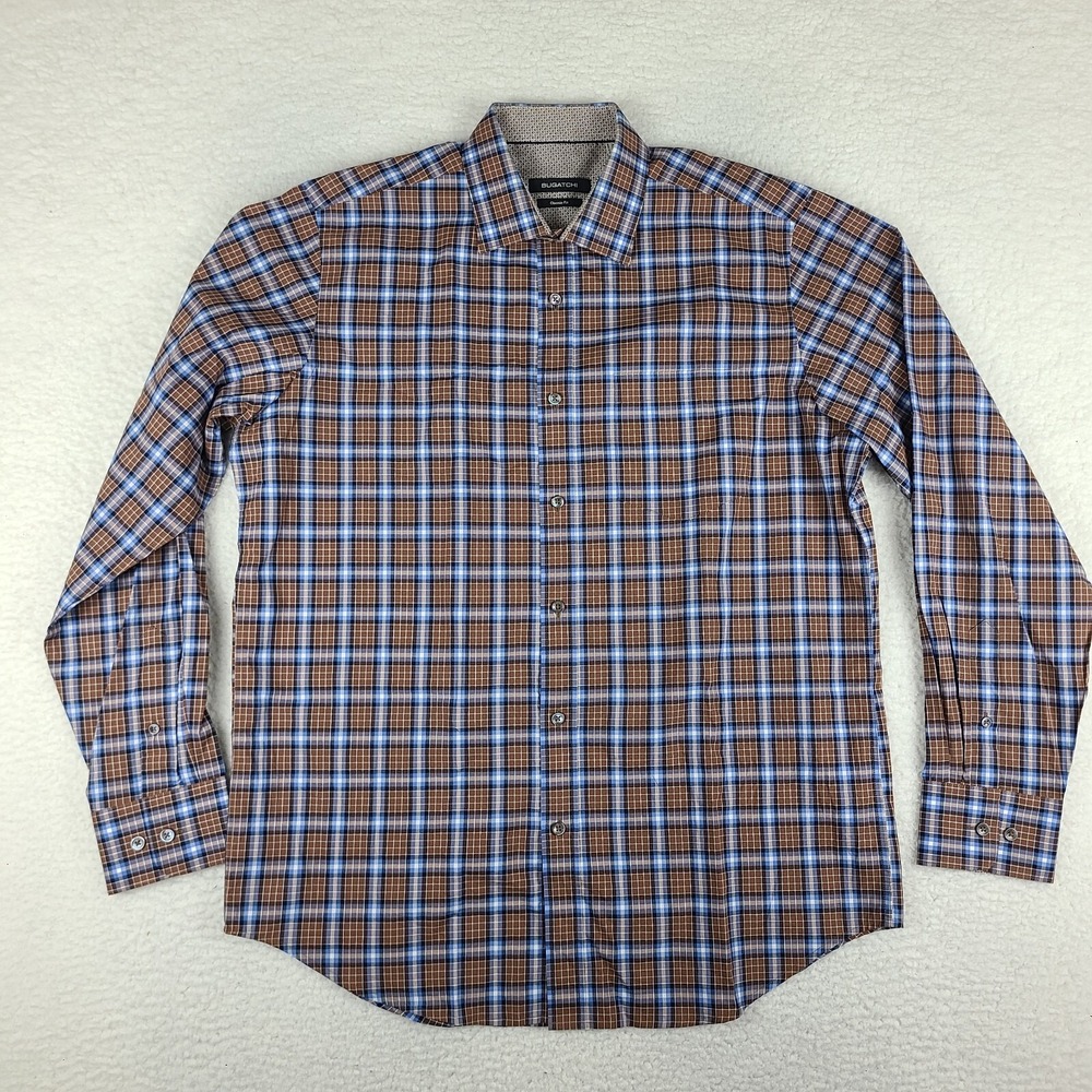 BUGATCHI Shirt Mens Medium Blue Brown Plaid Classic Fit‎ Dress Button Up